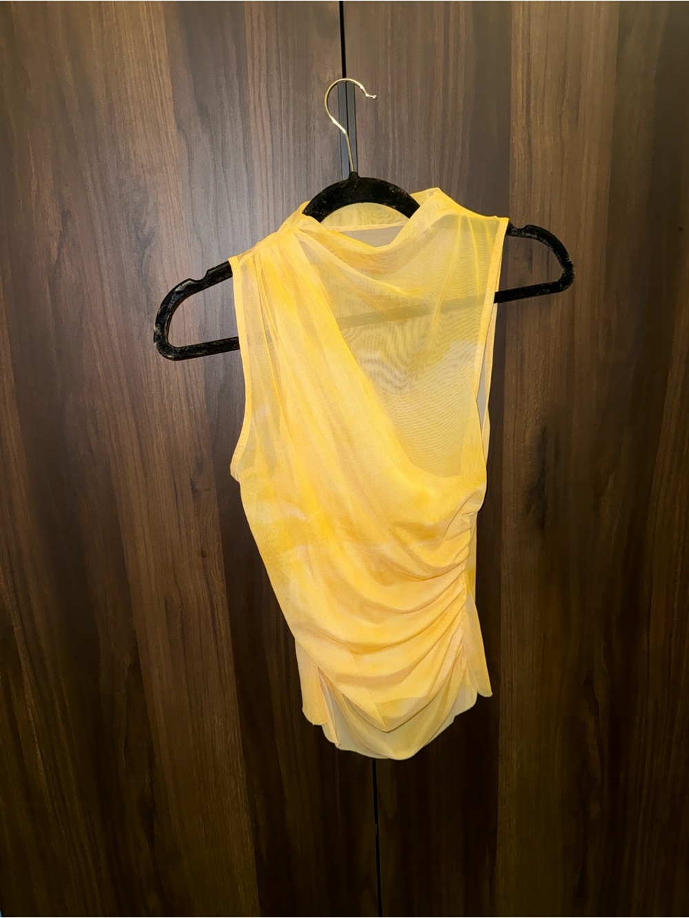NWOT Zara Yellow Sheer Mesh Draped Mock Neck Ruched Sleeveless Top